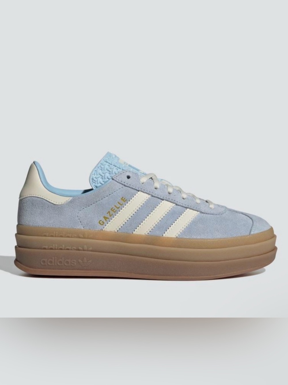 New Adidas Gazelle Bold Sneakers in Clear Sky/Cream White/Gold Metallic/Gum - Picture 2 of 8
